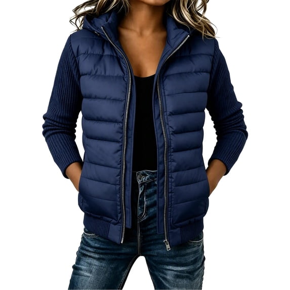 Women Quilted Puffer Jacket Knit Sleeve Padded Coat Zip Up Hooded Outerwear,Relaxed Comfy Daily Outing Casual Wear,Blue,M