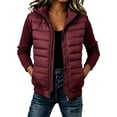 thumbnail image 1 of Women Quilted Puffer Jacket Knit Sleeve Padded Coat Zip Up Hooded Outerwear,Relaxed Comfy Daily Outing Casual Wear,Red,L, 1 of 7