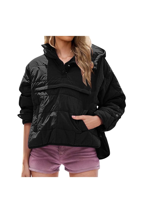 Women Quilted Puffer Pullover Padded Jacket Oversized Packable 1/4 Button Collar Hooded Coat with Pocket