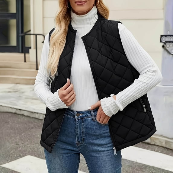 Women Quilted Puffer Vest Casual Loose Crewneck Full Zip Sleeveless Jacket Trendy Lightweight Winter Warm Coat With Pocket