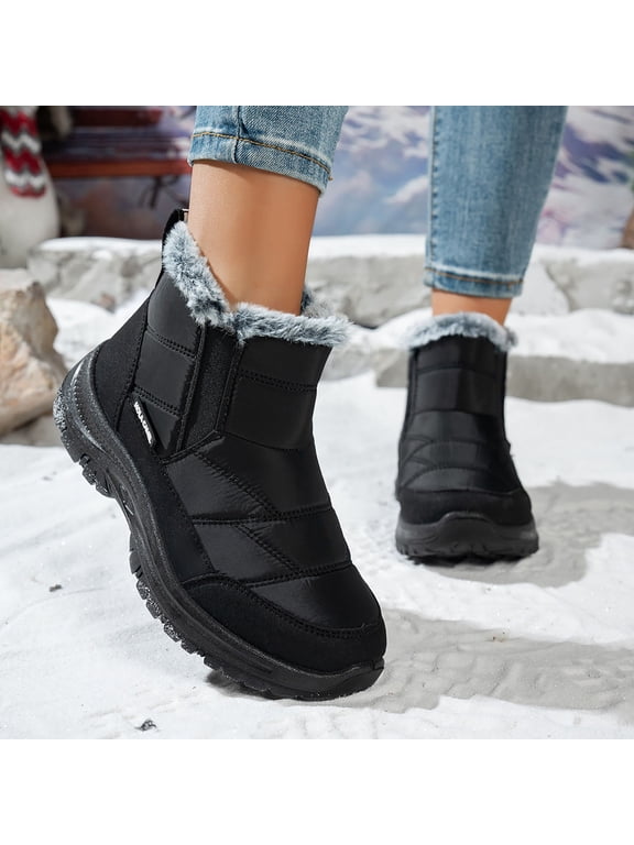 Women Quilted Slip On Ankle Snow Boots Furry Cuff Plush Lined Thick Rugged Sole Non Slip Warm Winter Booties Black 9