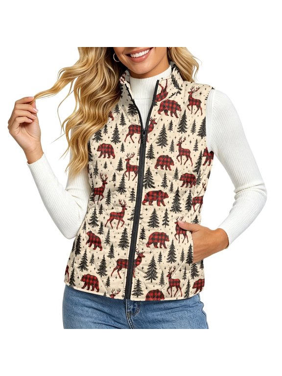 Women Quilted Vest Sleeveless Gilet Stand Collar Jacket L, Sleeveless Warm Jacket, Stand Collar, with 2 Pockets, Easy Care, Casual Gilet, Everyday Wear, Plaid Bear Reindeer Forest