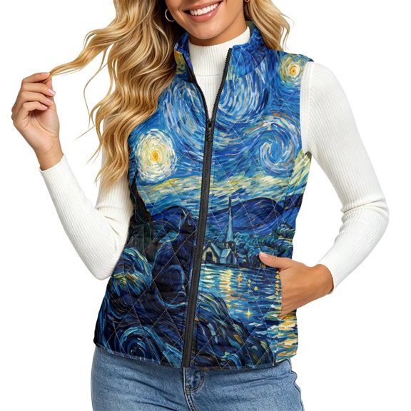 Women Quilted Vest Sleeveless Gilet Stand Collar Jacket M, Sleeveless Warm Jacket, Stand Collar, with 2 Pockets, Easy Care, Casual Gilet, Everyday Wear, Starry Night & Cat