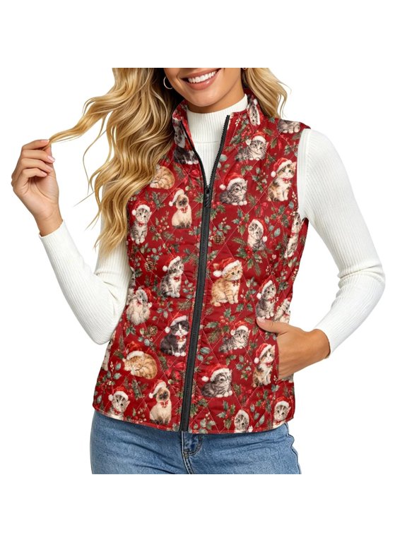 Women Quilted Vest, Stand Collar Full Zip Padded Gilet 2XL, Stand Collar Women Gilet, Full Zip, Lightweight Vest with Pockets, Fashion Outerwear for Fall Winter, Christmas Holly Cats