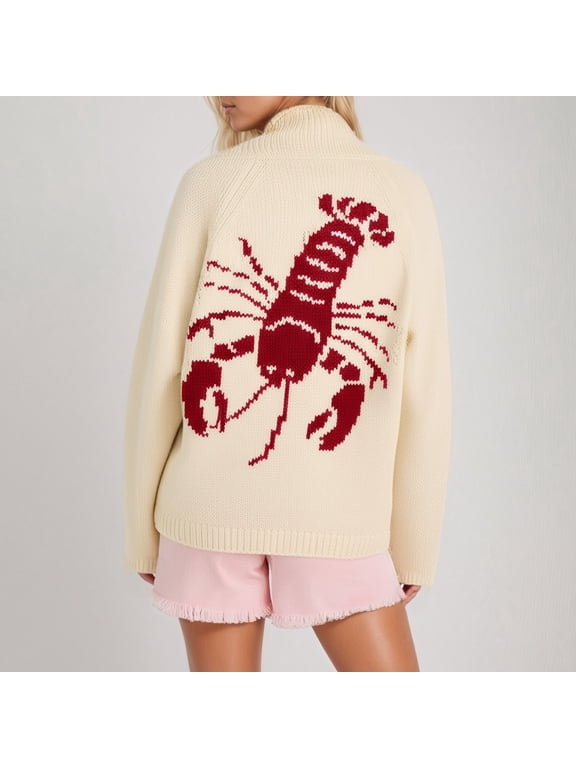 Women Quirky Lobster Animal Graphic Print Button Down Long Sleeve Knit Cardigan Sweater Open Front Pocket Coat