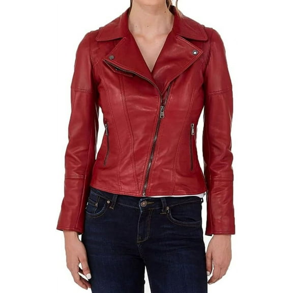 Women RED Leather Jacket Coat Genuine Lambskin Pure Leather Biker Jacket W110