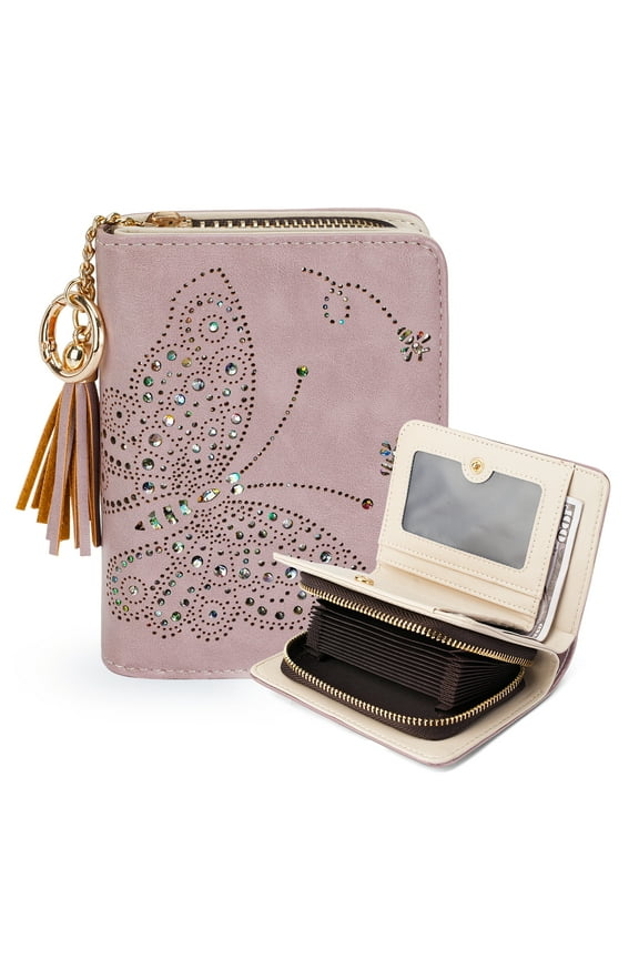 Women RFID Blocking Small Bifold Wallet, Compact Cash Clutch with Zipper Coin Pocket, Glittery Butterfly Design, Credit Card Holder, Travel Purse with Tassel