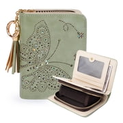 Women RFID Blocking Small Bifold Wallet, Compact Cash Clutch with Zipper Coin Pocket, Glittery Butterfly Design, Credit Card Holder, Travel Purse with Tassel