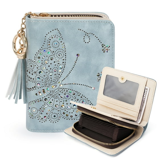 Women RFID Blocking Small Bifold Wallet, Compact Cash Clutch with Zipper Coin Pocket, Glittery Butterfly Design, Credit Card Holder, Travel Purse with Tassel