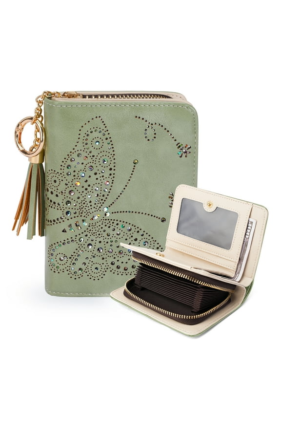 Women RFID Blocking Small Bifold Wallet, Compact Cash Clutch with Zipper Coin Pocket, Glittery Butterfly Design, Credit Card Holder, Travel Purse with Tassel