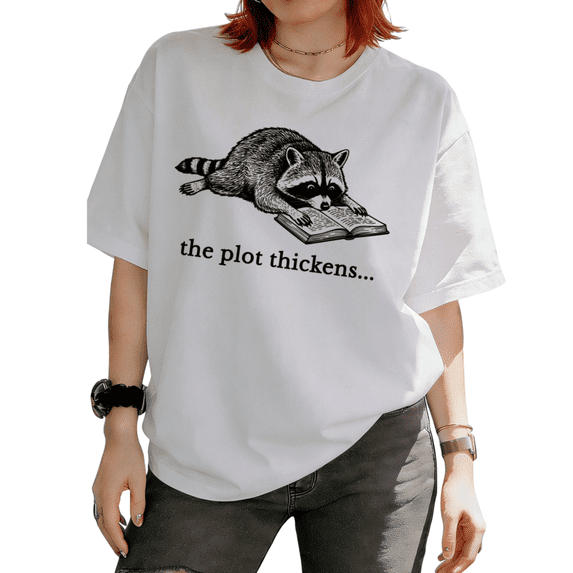 Women Raccoon Reading Book The Plot Thickens Funny Graphic Tees T-Shirt Commuting Short Sleeve White S-5XL