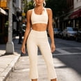 thumbnail image 1 of Women Racerback Scoop Neck Sports Bra High Waist Cropped Flare Pants 2 Piece Athletic Workout Outfit Sets Beige XL, 1 of 9