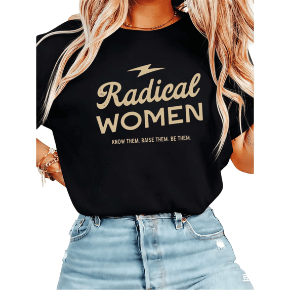 Women Radical Women Beige Lightning Bolt Graphic Tees T Shirt Tops Round Neck Cotton T Shirt Black S-5XL