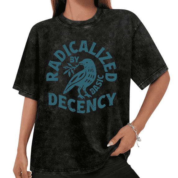Women Radicalized By Basic Decency Crow Graphic Tees T Shirt Tops Round Neck Cotton Washed T Shirt Black S-2XL Plus Size