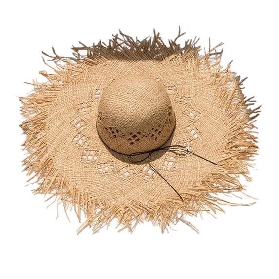 Women Raffia Straw for Sun Hat Big Brim Floppy Fringe Hollow Sunscreen Bucket