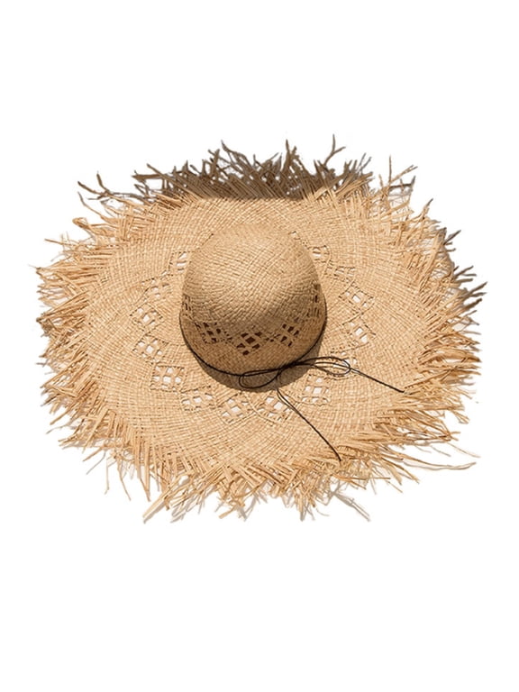 Women Raffia Straw for Sun Hat Big Brim Floppy Fringe Hollow Sunscreen Bucket