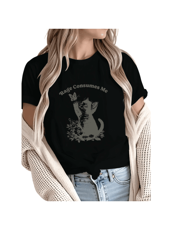 Women Rage Consumes Me Kitten Butterfly Graphic Fun Tees Tops Round Neck Cotton T-Shirt Black S-5XL