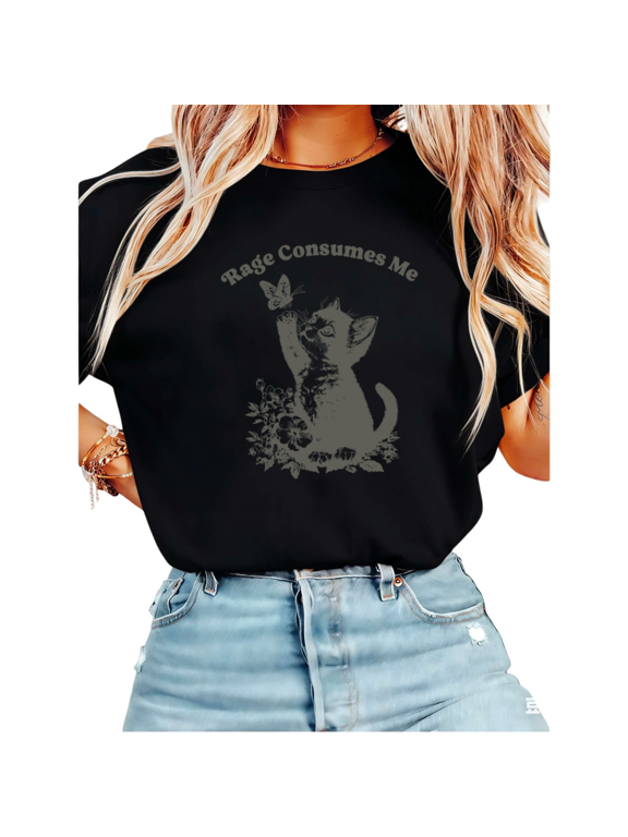 Women Rage Consumes Me Kitten Butterfly Graphic Tees T-Shirt Tops Round Neck Cotton T-Shirt Black S-5XL
