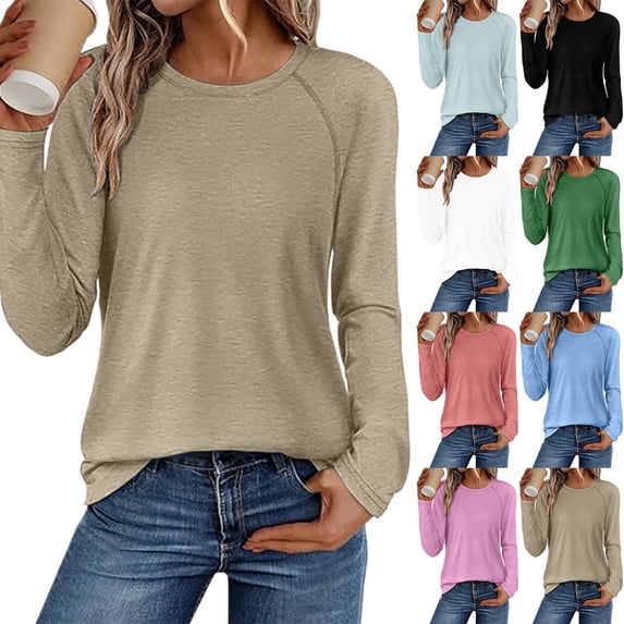 Women Raglan Sleeve Crew Neck Long Sleeve Tunic Top Sevevn Curved Hem Soft Stretchy Solid Loose Fit Casual Basic Daily Shirts