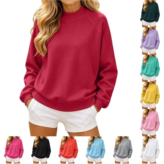 Women Raglan Sleeve Crewneck Sweatshirt Solid Color Cozy Pullover Casual Sportswear Top