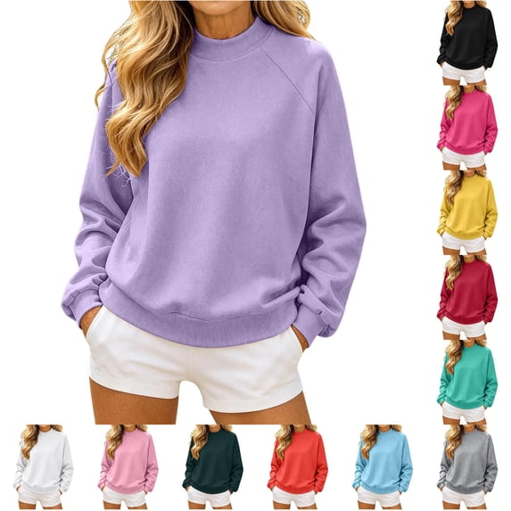 Women Raglan Sleeve Crewneck Sweatshirt Solid Color Cozy Pullover Casual Sportswear Top