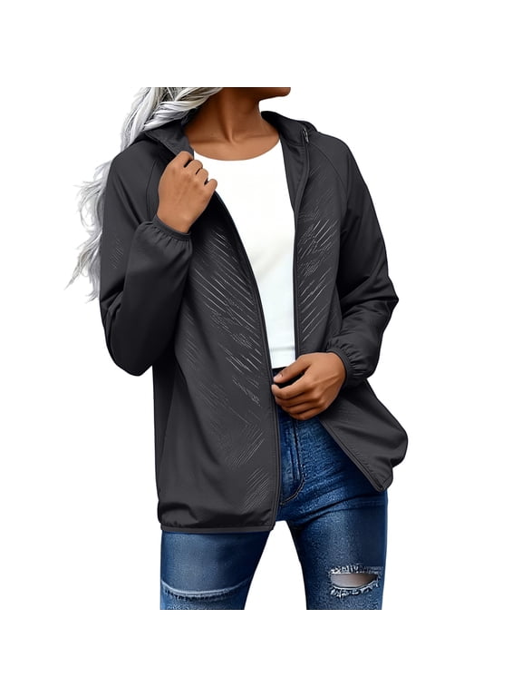 Women Rain Jacket with Hood Raincoat Zip up Packable Lightweight Long Sleeve Tops Plus Size Summer Outfits Windbreaker Loose Fit Rainy Day Outfits,Black,L