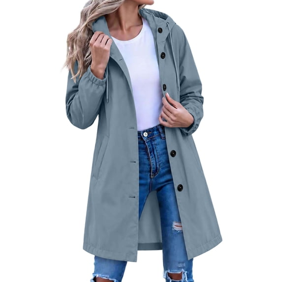 Women Rain Jacket Hooded Button Waterproof Jackets Long Windbreaker ...
