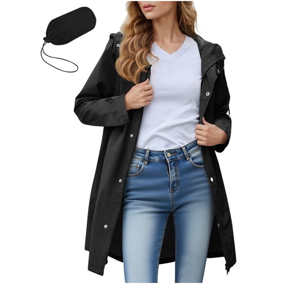 Women Rain Jacket Lightweight Waterproof Raincoat Lined Outdoor Hooded Windbreaker Trench Coat Black M