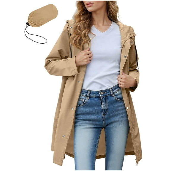 Women Rain Jacket Lightweight Waterproof Raincoat Lined Outdoor Hooded Windbreaker Trench Coat Khaki XXL