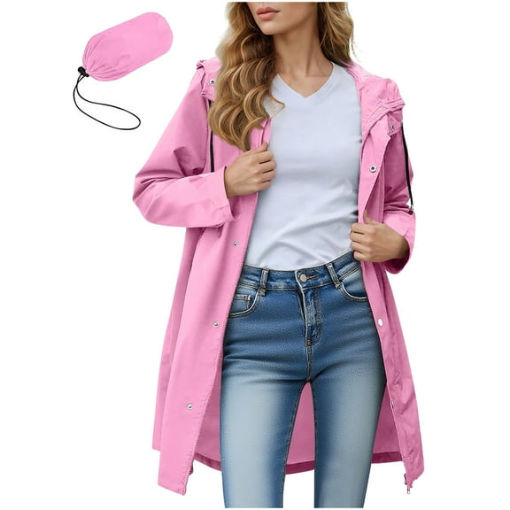 Women Rain Jacket Lightweight Waterproof Raincoat Lined Outdoor Hooded Windbreaker Trench Coat Pink XXL