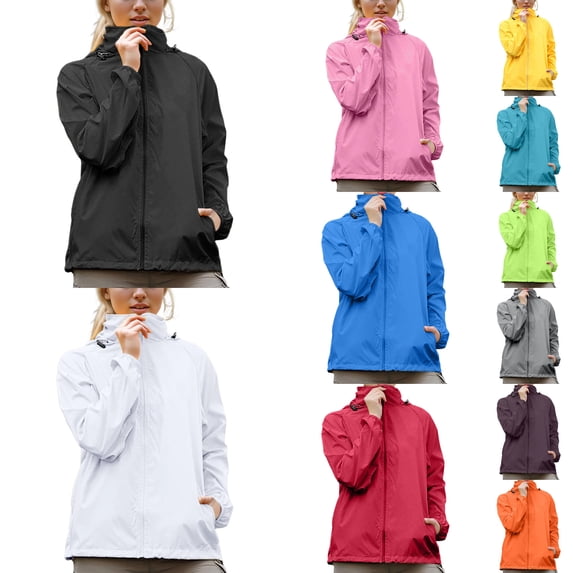 Women Rain Jacket Windbreaker Hooded Jackets Sun Protection Lightweight Jacket Packable Waterproof Rain Coat Hiking Hot Pink L