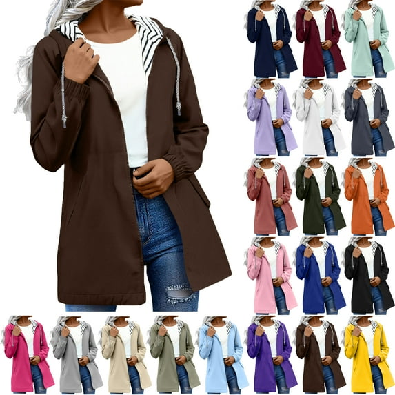 Women Rain Jacket with Hood with Pockets Plus Size Solid Color Long Sleeve Women Outdoor Windbreaker Raincoat Women's Outerwear Brown L