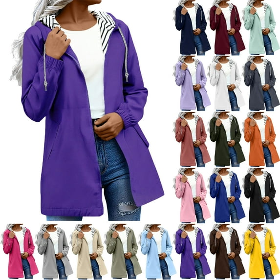 Women Rain Jacket with Hood with Pockets Plus Size Solid Color Long Sleeve Women Outdoor Windbreaker Raincoat Women's Outerwear Purple M