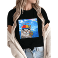 thumbnail image 1 of Women Rainbow Cat Lollipop Graphic Fun Tees Tops Round Neck Cotton T-Shirt Black S-5XL, 1 of 5