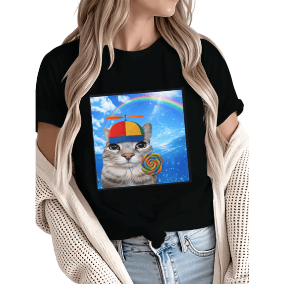 Women Rainbow Cat Lollipop Graphic Fun Tees Tops Round Neck Cotton T-Shirt Black S-5XL