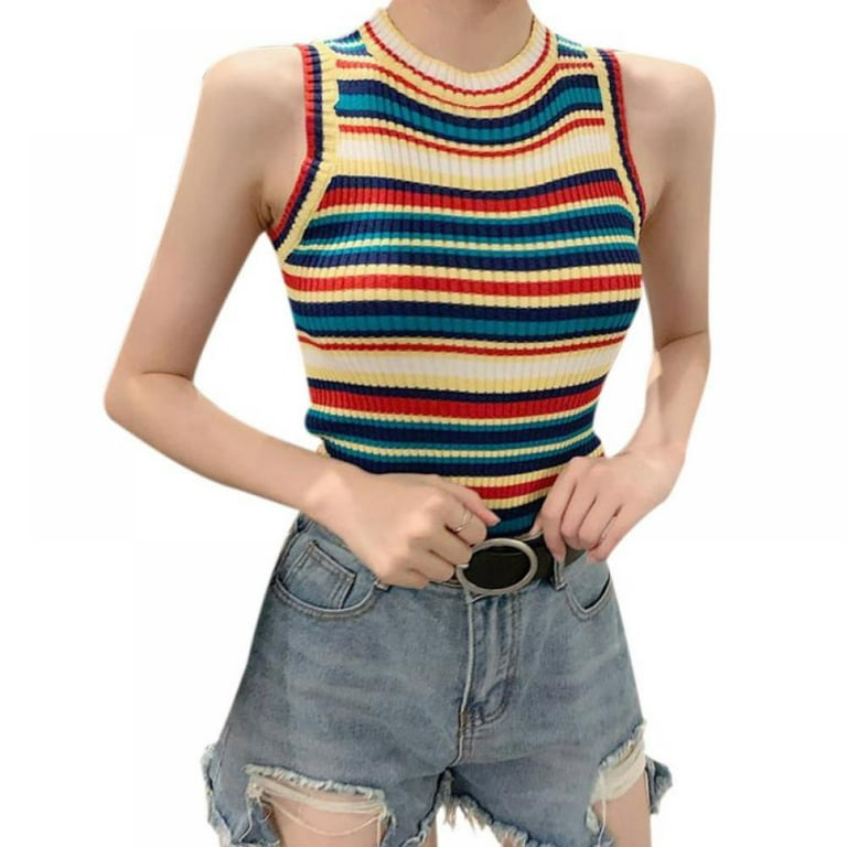 Fashion V-neck Backless Knitting Striped Rainbow Colored Sweater Tops Fashion V-neck Backless Knitting Striped Rainbow Colored Sweater Tops