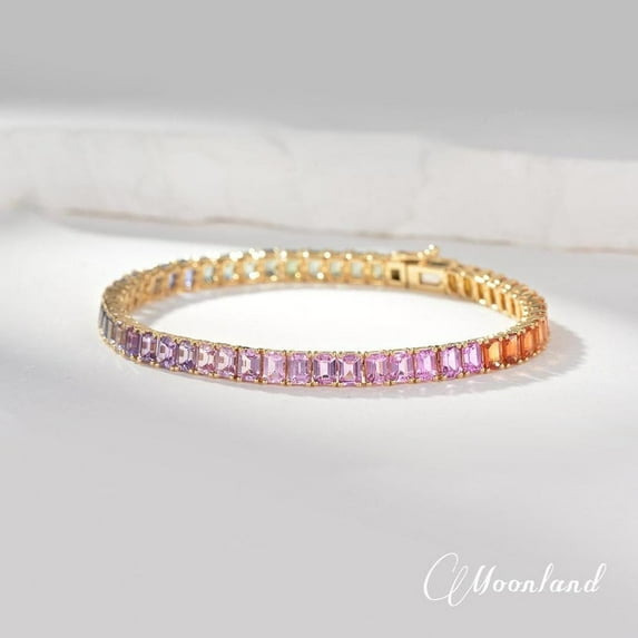 Women Rainbow Sapphire Tennis Bracelet Silver Gold Multicolor wedding,child birth gift for her