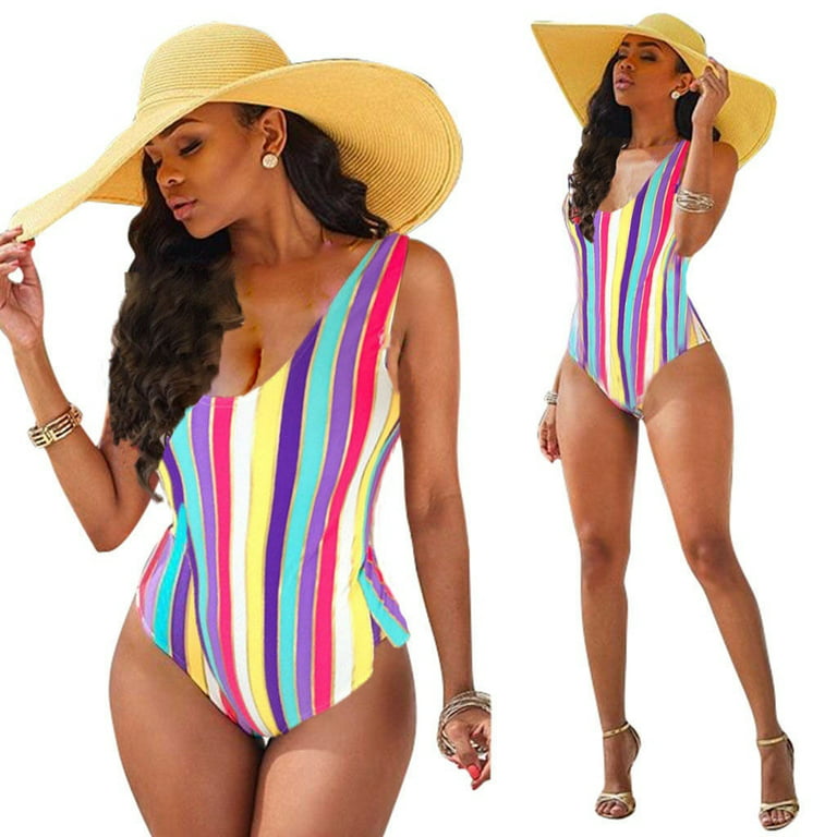 Women Rainbow Striped Bandage Push-Up Bikini Swimwear Swimsuit Beachwear  Bathing