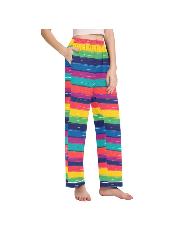 Women Rainbow Stripes Pattern Pajamas Pants Lounge Bottoms Pjs with Pockets XX-Large
