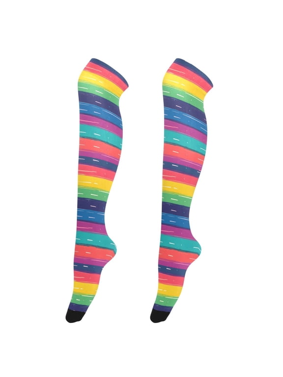 Women Rainbow Stripes Pattern Pattern Over Knee Thigh High Socks