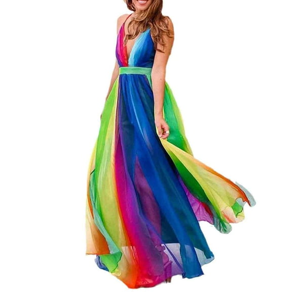 Women Rainbow Summer Dress Clothes Rainbow Ruffle Strap Dress Backless Sundress-style:style3;