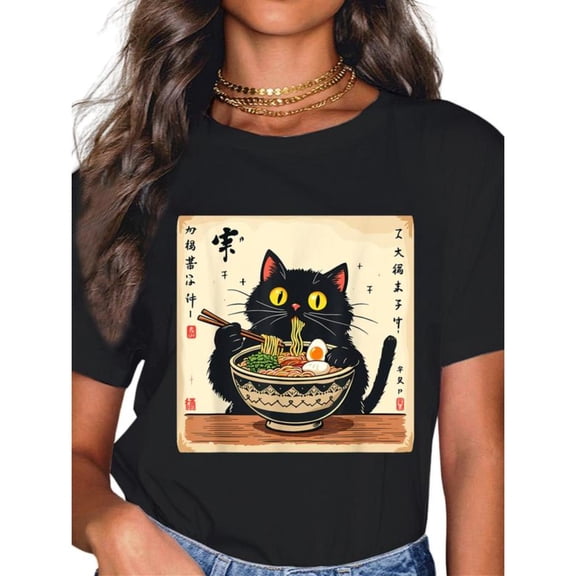 Women Ramen Cat Graphic Cotton T Shirt Casual Comfortable Short Sleeve Round Neck Top Black S-5XL