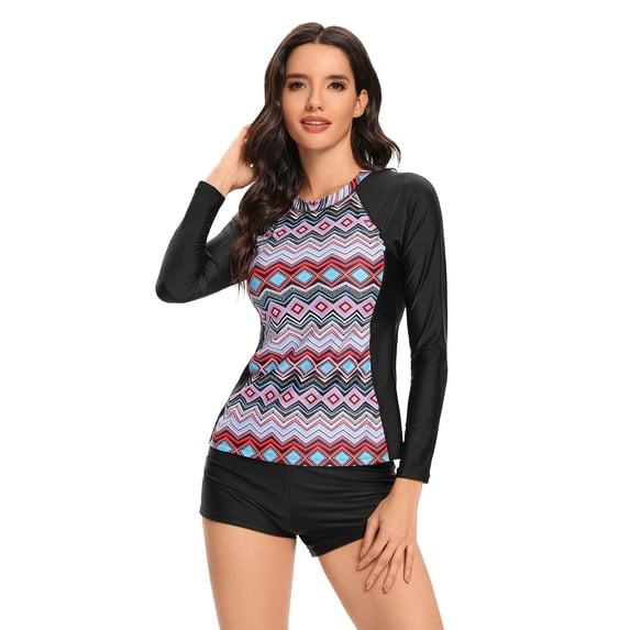 Women Rash Guard Long Sleeve Swimsuits UV UPF 50+ Two Piece Swim Shirt Bathing Suit with Built in Bra -2XL