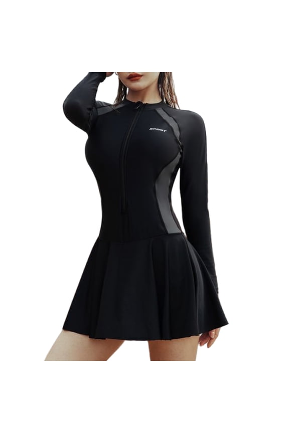 Women Rashguard Swimsuit Long Sleeves Front Zippered Bathing Suit Swim Dress with Boyshorts Quick Dry Swimming Costume