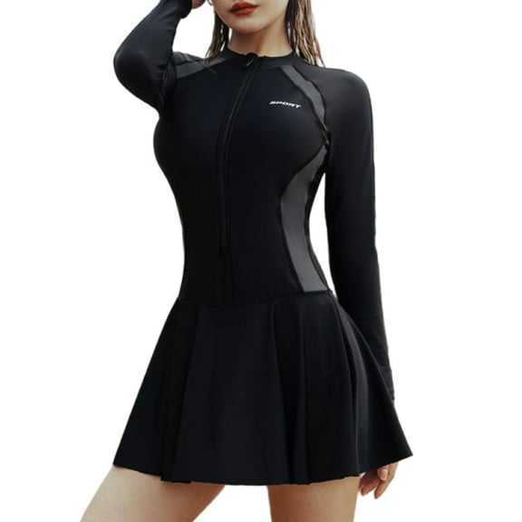 Women Rashguard Swimsuit Long Sleeves Front Zippered Bathing Suit Swim Dress with Boyshorts Quick Dry Swimming Costume