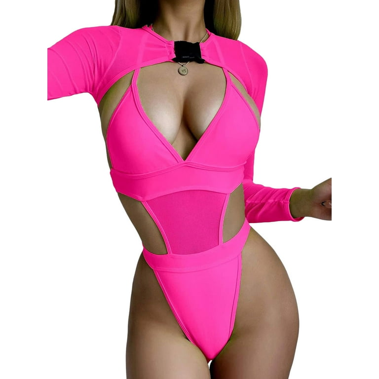 Women Rave Outfits Neon Bodysuit Crop Top Long Sleeve Swimsuits Mesh Shrug  with Buckle for Festival Club Party 