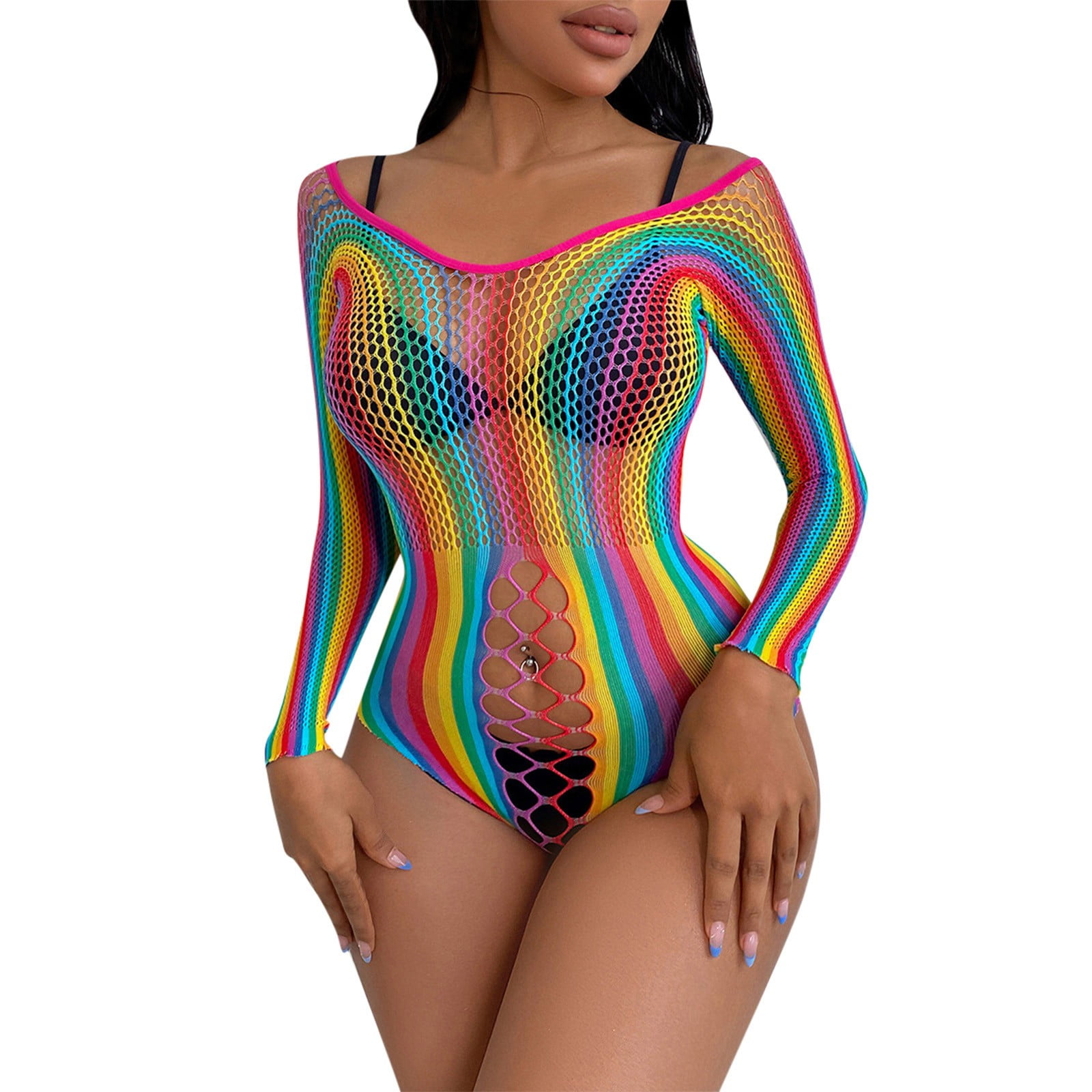 Women Rave Rainbow Striped Bikini See Through Mesh Bodysuit For