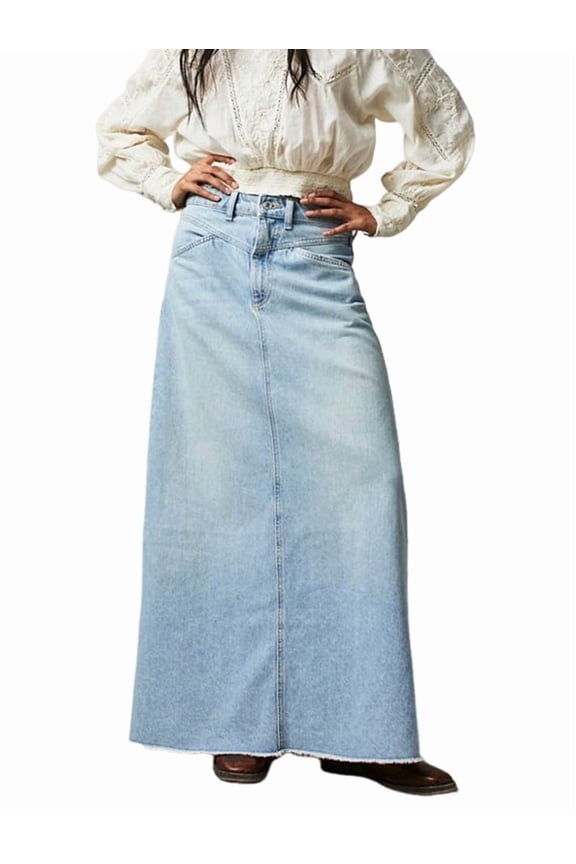 Women Raw Hem A-Line Jean Skirt Casual Y2K Fashion High Waisted Long Denim Maxi Skirt with Pockets Light Blue S