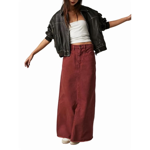 Women Raw Hem A-Line Jean Skirt Casual Y2K Fashion High Waisted Long Denim Maxi Skirt with Pockets Wine Red XL