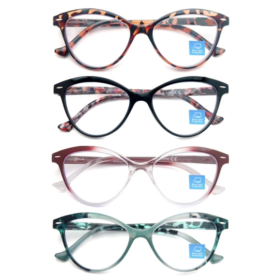Blue Light Reading Glasses Women 4 Pack,+1.25 Stylish Cat Eye Readers for Small Face with Comfort Spring Hinge, Lightweight Fashion Ladies Eyeglasses